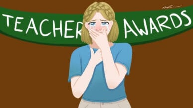 Crying teacher in front of "Teacher Awards" banner