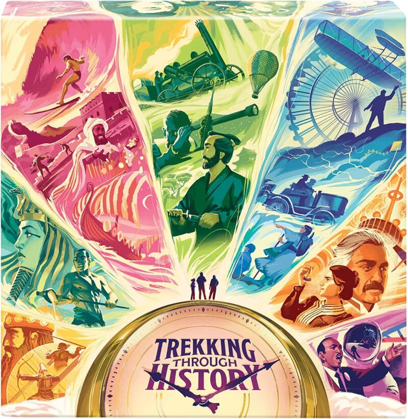 A box shows multiple historical figures and events and has a clock that says Trekking Through History on it. (educational board games)