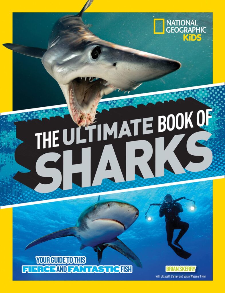 Brian Skerry'nin National Geographic Kids: The Ultimate Book of Sharks kitabının farklı türde köpekbalıklarının fotoğraflarını içeren kitap kapağı