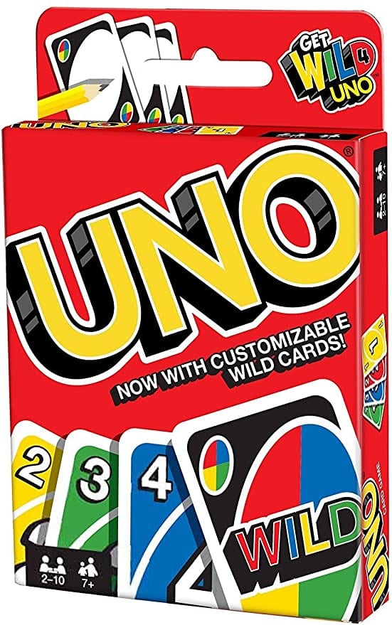 Box for UNO card game showing sample color and number cards and a wild card- best board games for preschoolers