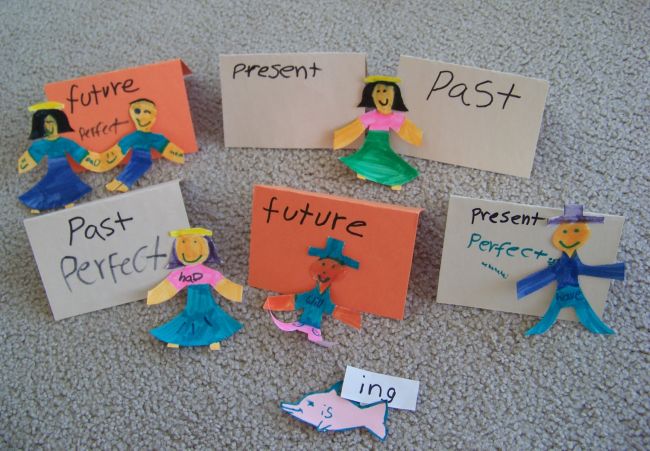 Small paper tents labeled with verb tenses, with paper people