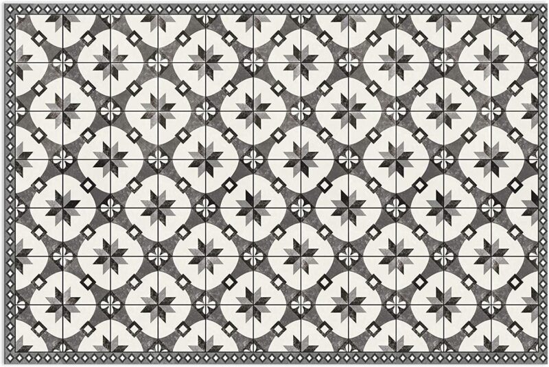 Black and white art deco mosaic patterned vinyl floor mat