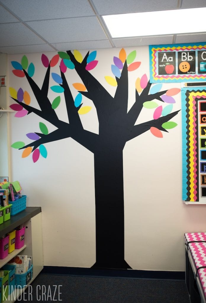 A tree on the classroom wall using cut black vinyl and paper cutouts.