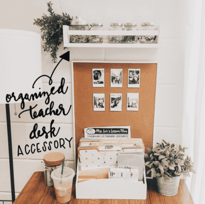 Wall shelving at teacher desk