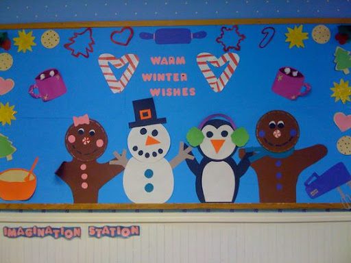 Bulletin board with words "Warm winter wishes!"-January Bulletin Boards