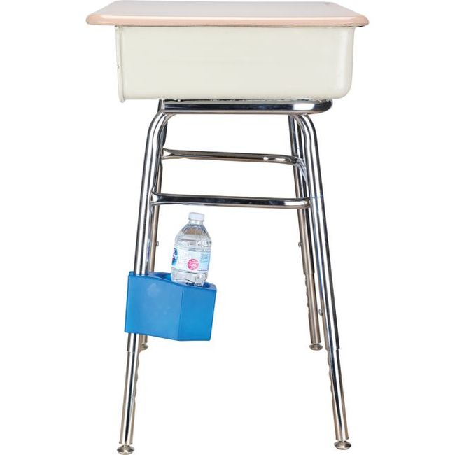 Blue foam bottle holder attached to the leg of a student desk