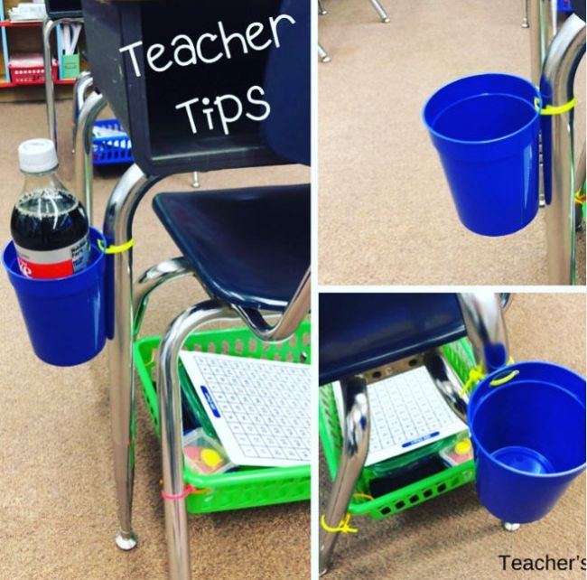 Collage of photos showing a blue plastic tumbler zip-tied to a student chair to hold a beverage bottle