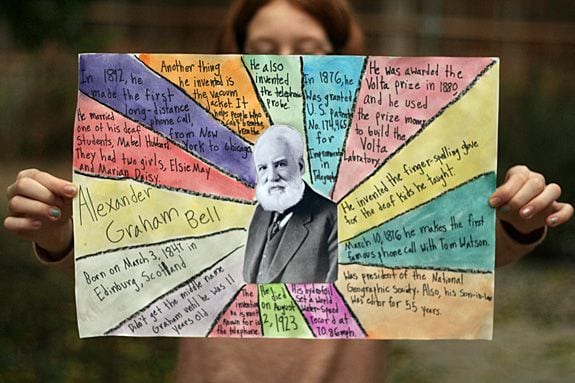 a poster with an image of alexander graham bell in the middle divided into segments, each with a different fact written on it