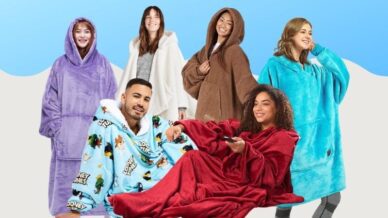 Collage of models wearing wearable blankets