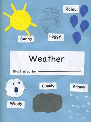 a child's weather journal with illustrations of sun, fog, rain, wind, clouds and snow