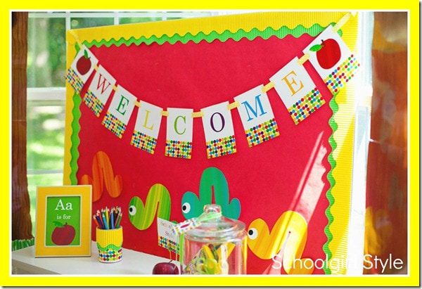 An example of September bulletin board ideas is shown with a red background and a welcome banner. Four different colored caterpillars are crawling across the bottom. A table is also shown with a picture frame that says "A is for Apple." 