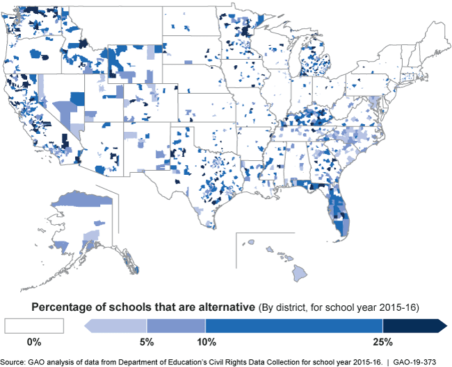 A map of alternative schools in the US in 2015