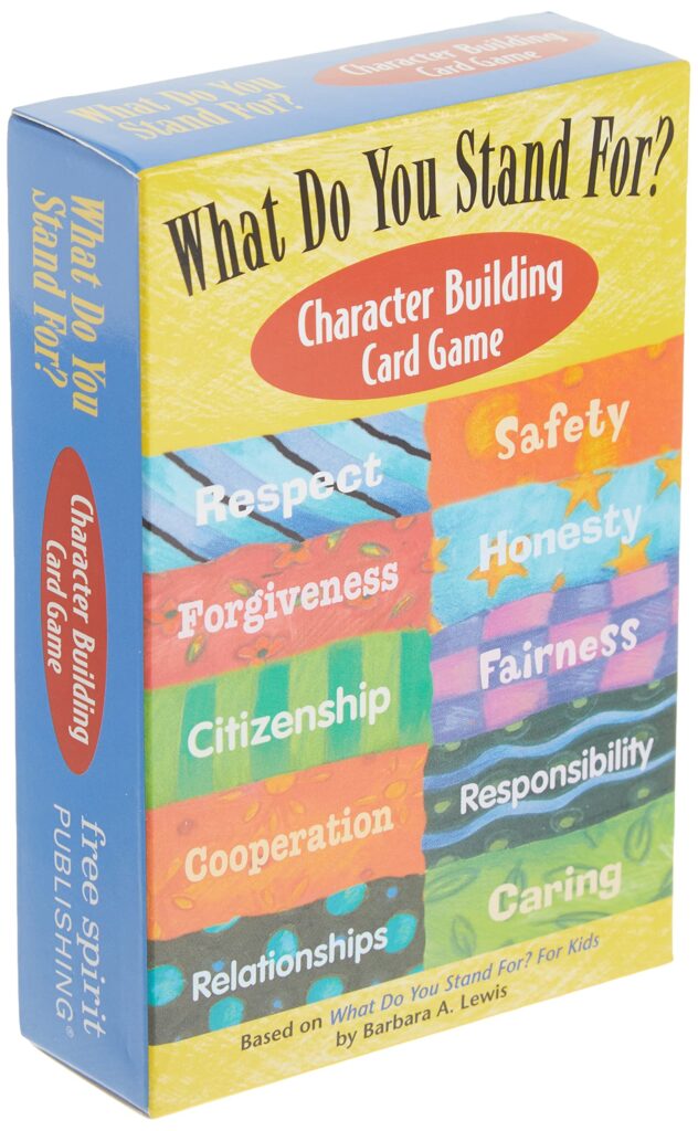 A multi-colored box says What Do You Stand For? Character Building Game. (educational board games)