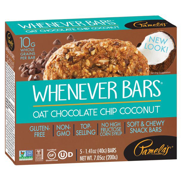 Pamela’s Oat Chocolate Chip Coconut Whenever Bars shown as an example of mood-boosting foods