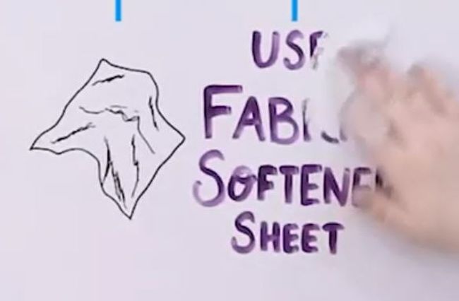 Person using a used fabric softener sheet to erase dry erase marker