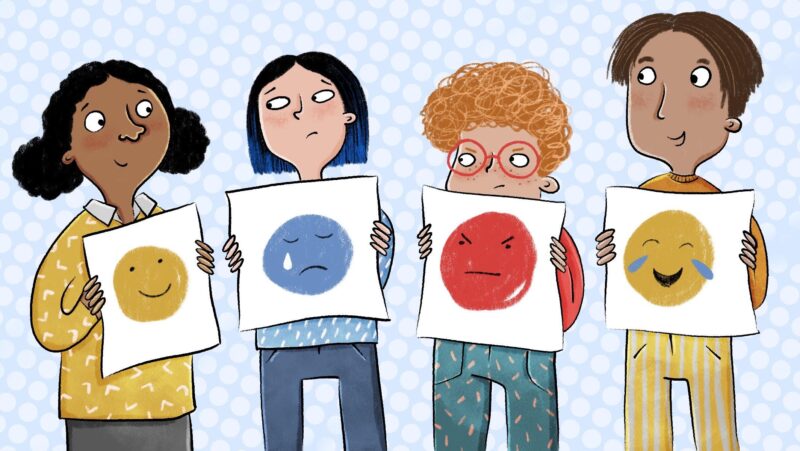 illustration of four diverse kids holding emoji signs teaching math whole child