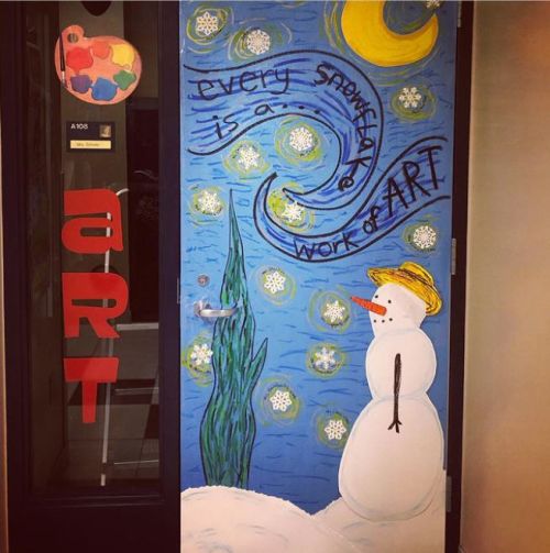 Classroom door decorated with a snowman in a Van Gogh style (Winter Classroom Doors)