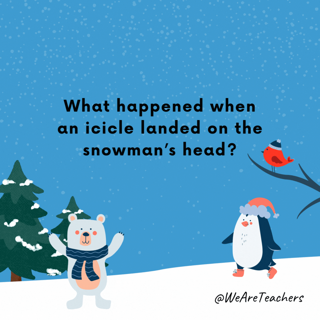 What happened when an icicle landed on the snowman’s head?