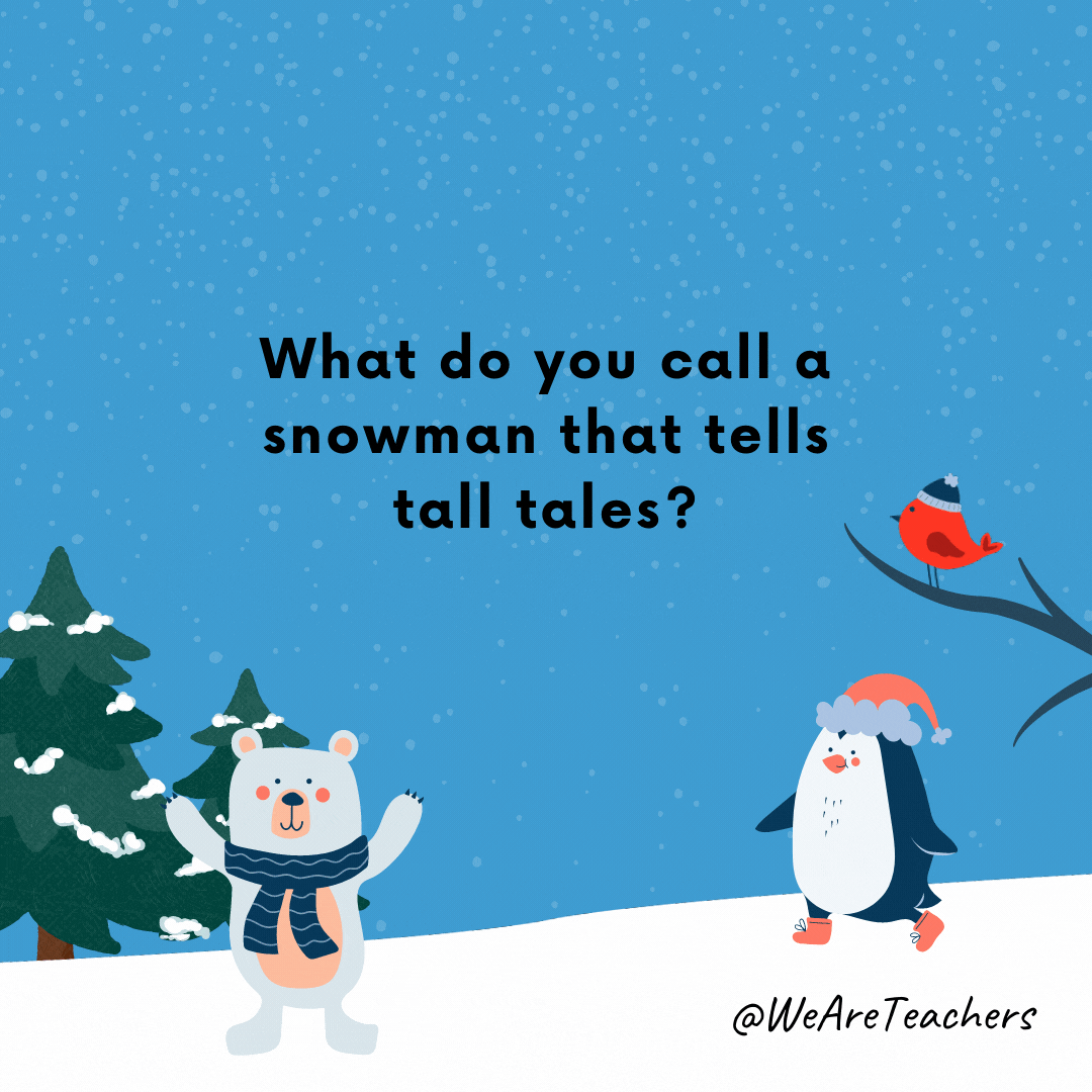 ¿Cómo llamas a un muñeco de nieve que cuenta cuentos?  ¡Una falsificación de nieve!