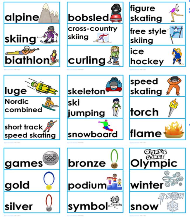 Printable pocket chart cards with terms related to the Winter Olympics