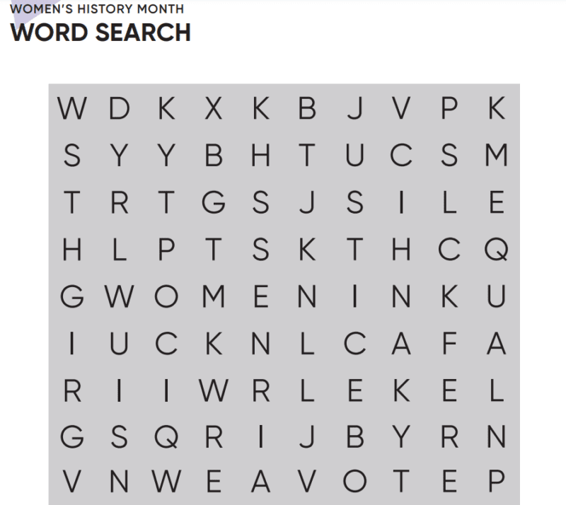 Women's History Month word search for elementary school classroom
