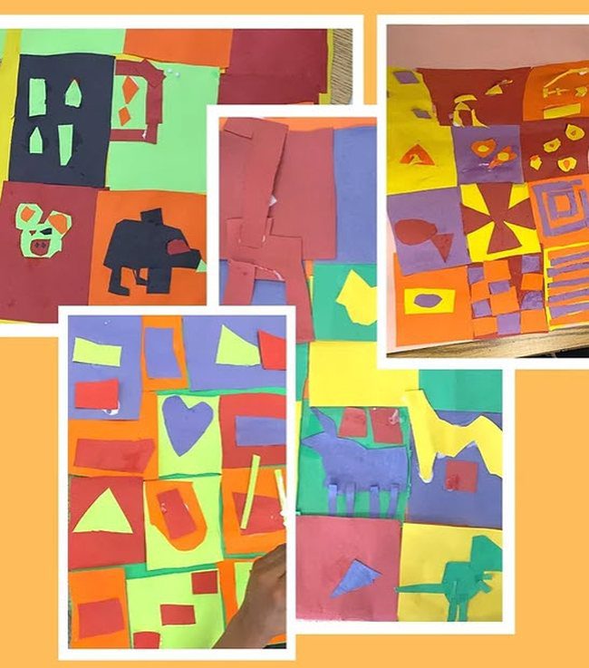 Collage of photos of paper quilts made by children