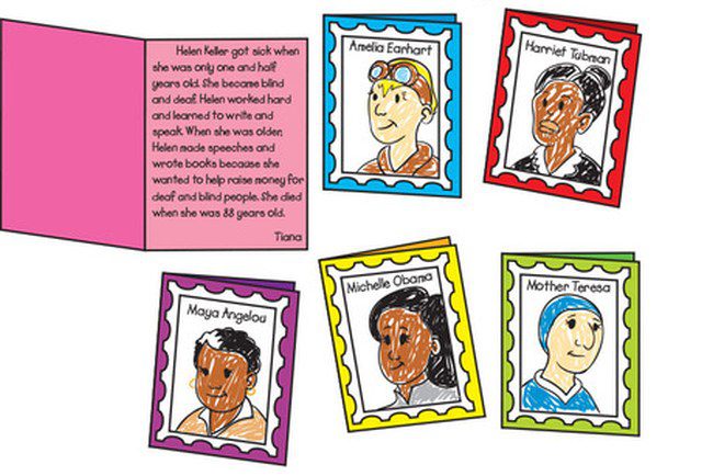 Stamps with children's illustrations of famous women