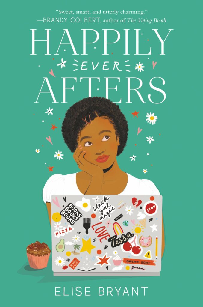 Cover of Happily Ever Afters green background Black female at laptop