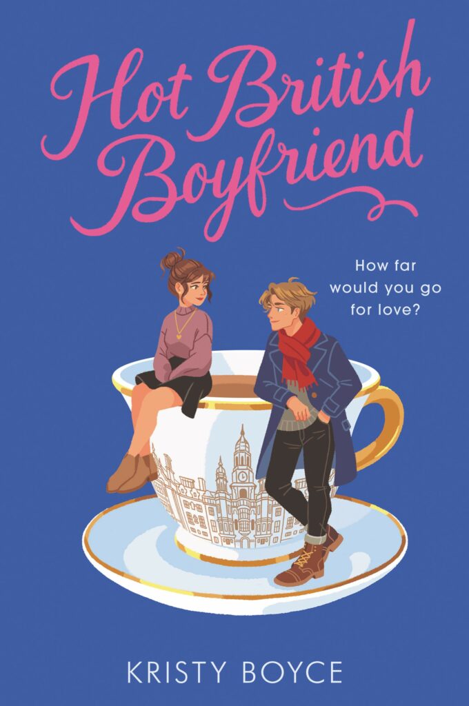 Cover of Hot British Boyfriend teen girl and boy sitting on tea cup with blue background