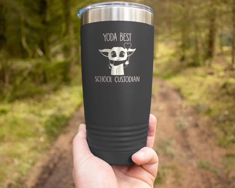 A black tumbler says Yoda Best School Custodian with a baby yoda on it.